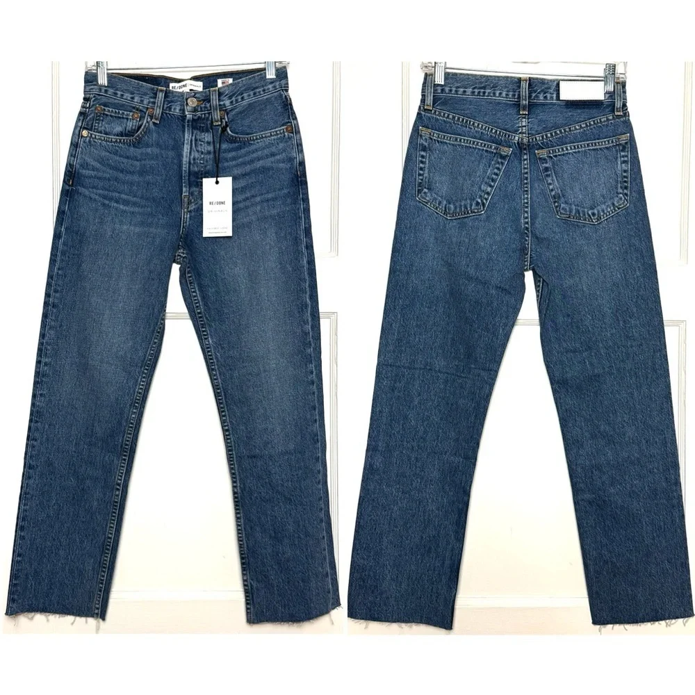 NWT RE/DONE 90s High Rise Button Fly Straight Leg Ankle Crop‎ Raw Hem Jeans 25